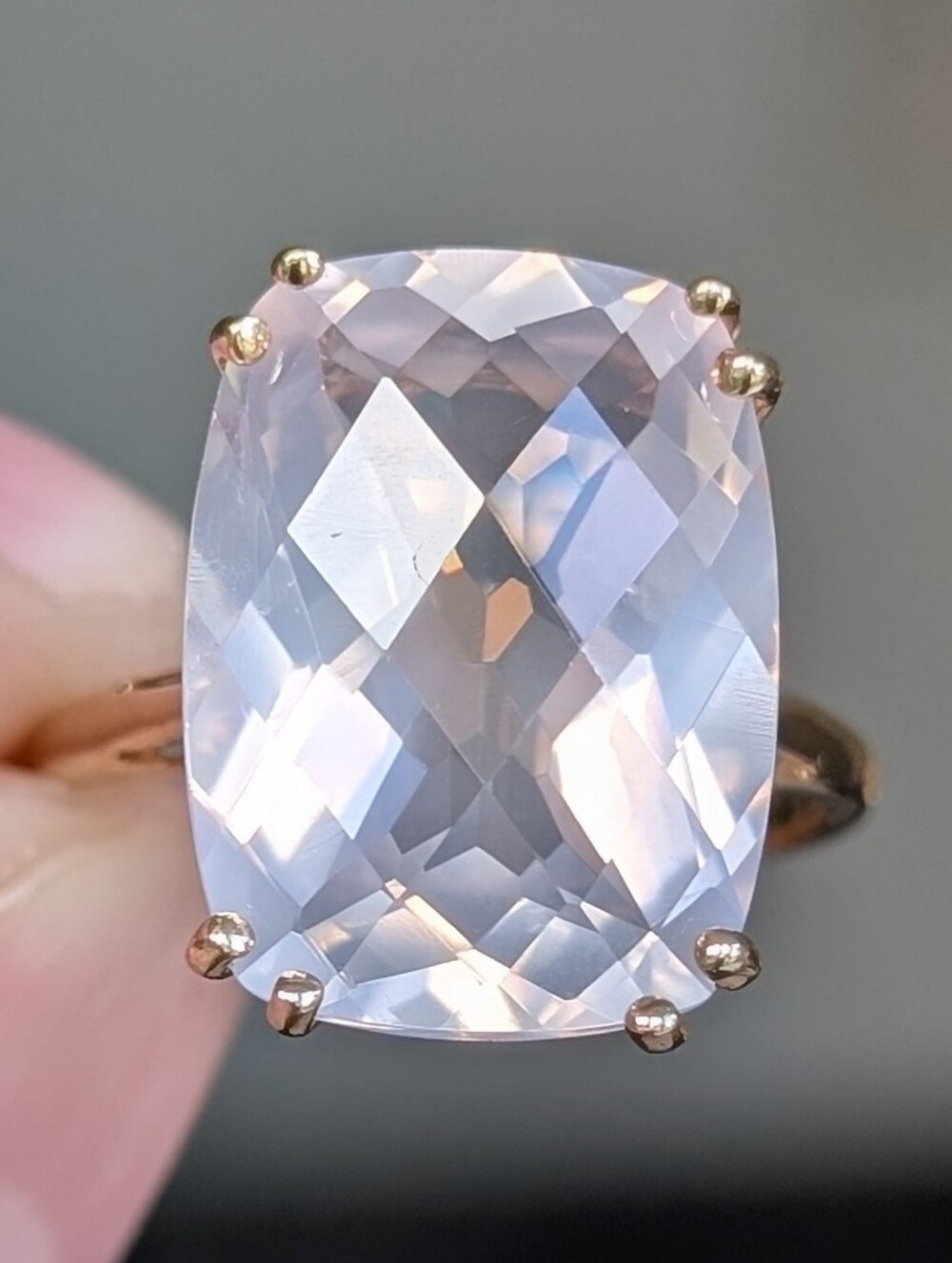 10K Gold Rose Quartz Cushion Cut Cocktail Ring